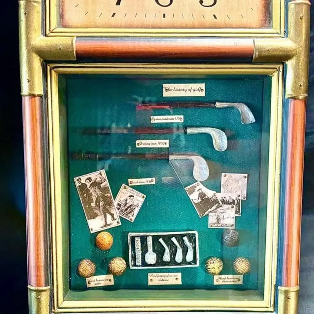 Vintage Looking Shadowbox Wood And Brass Accent Clock History Of Golf. 19